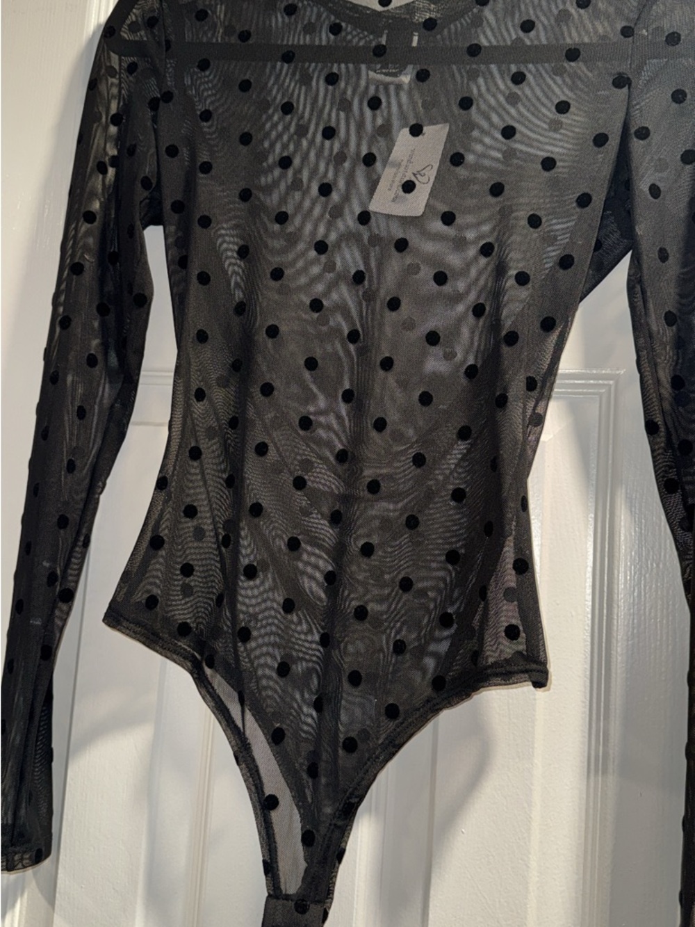 Windsor Black Sheer Polka Dot Long Sleeve Bodysuit Size M NWT